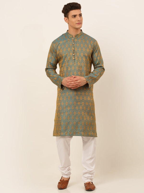 Men's Blue And Golden Woven Design Kurta Pyjama ( Jokp 674 Blue ) - Virat Fashions