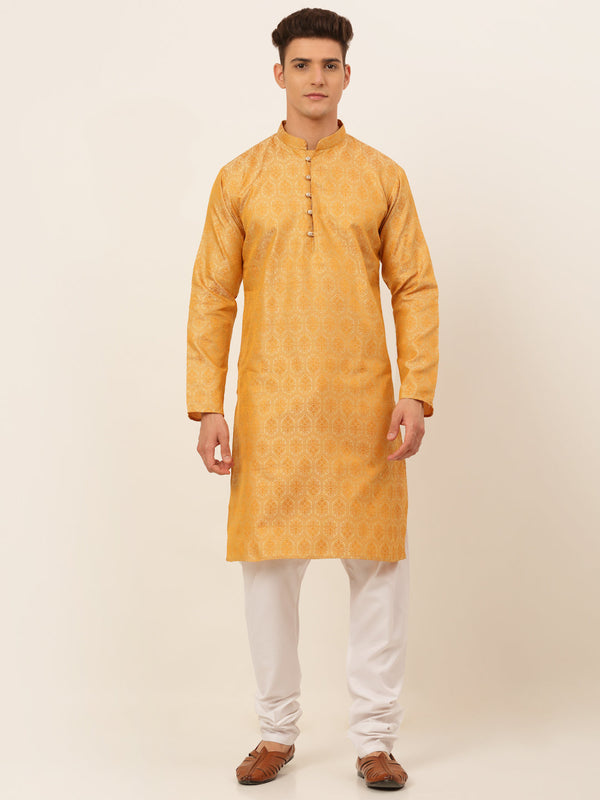 Men's Silver And Golden Woven Design Kurta Pyjama ( Jokp 674 Golden ) - Virat Fashions