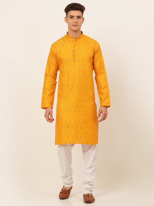 Men's Mustard And Golden Woven Design Kurta Pyjama ( Jokp 674 Mustard ) - Virat Fashions