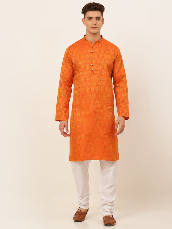 Men's Orange And Golden Woven Design Kurta Pyjama ( Jokp 674 Orange ) - Virat Fashions