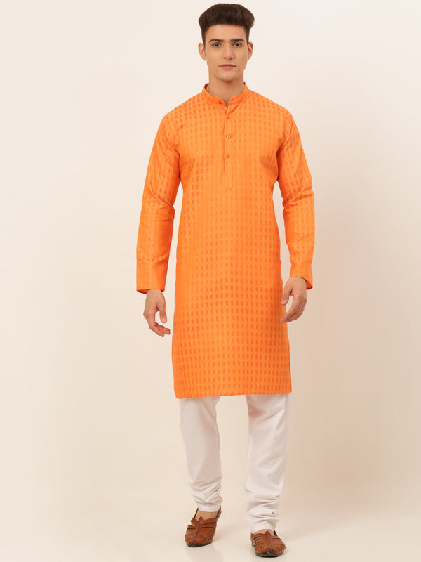 Men's Orange Woven Design Kurta Pyjama ( Jokp 675 Orange ) - Virat Fashions