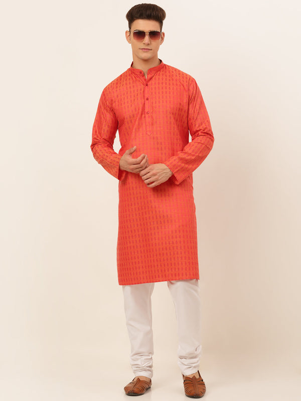 Men's Red Woven Design Kurta Pyjama ( Jokp 675 Red ) - Virat Fashions