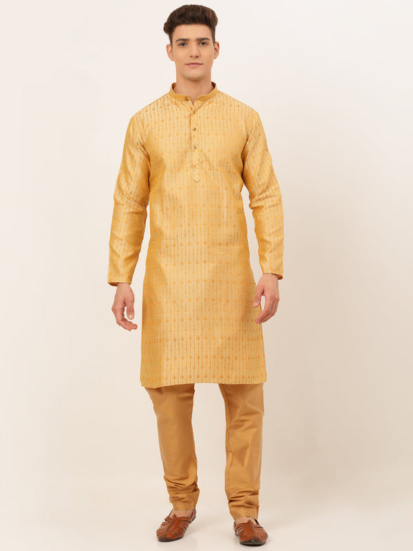 Men's Golden Embroidered Kurta Pyjama Sets ( Jokp 676 Golden ) - Virat Fashions