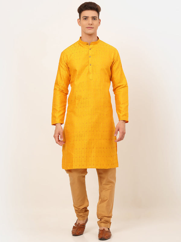 Men's Mustard Embroidered Kurta Pyjama Sets ( Jokp 676 Mustard ) - Virat Fashions