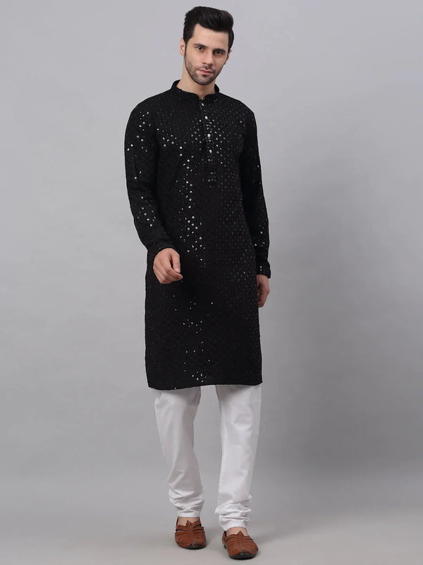 Men's Black Chikankari Embroidered and Sequence Kurta with Churidar ( JOKP 678 Black ) - Virat Fashions