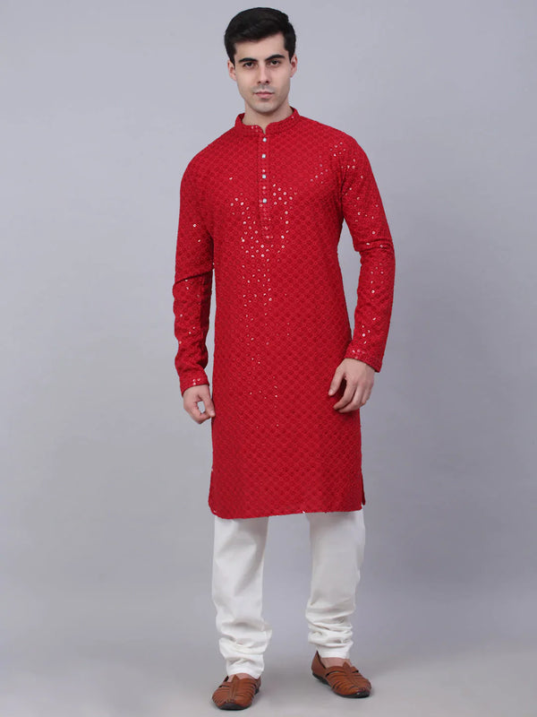 Men's Maroon Chikankari Embroidered and Sequence Kurta with Churidar ( JOKP 678 Maroon ) - Virat Fashions