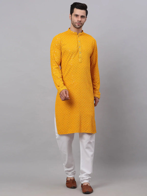 Men's Mustard Chikankari Embroidered and Sequence Kurta with Churidar ( JOKP 678 Mustard ) - Virat Fashions