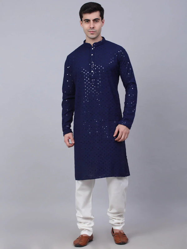 Men's Navy Blue Chikankari Embroidered and Sequence Kurta with Churidar ( JOKP 678 Navy ) - Virat Fashions