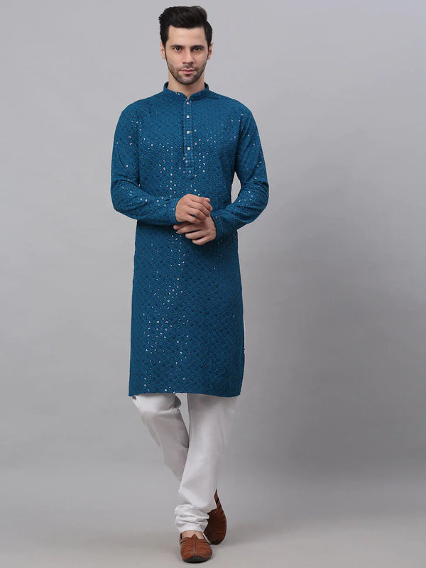 Men's Blue Chikankari Embroidered and Sequence Kurta with Churidar ( JOKP 678 Peacock ) - Virat Fashions