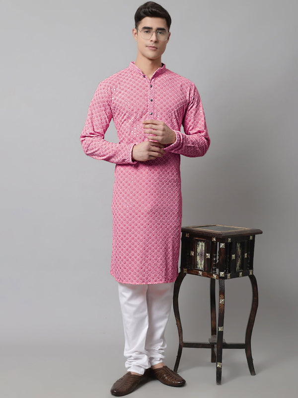 Men Pink Chikankari Embroidered and Sequence Kurta with Churidar