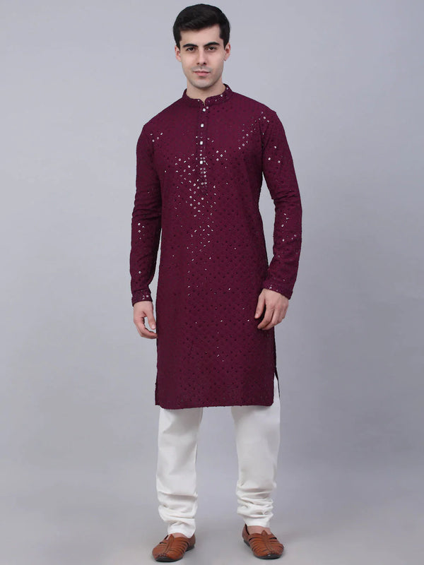 Men's Purple Chikankari Embroidered and Sequence Kurta with Churidar ( JOKP 678 Purple ) - Virat Fashions