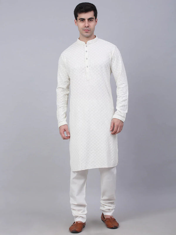 Men's White Chikankari Embroidered and Sequence Kurta with Churidar ( JOKP 678 White ) - Virat Fashions