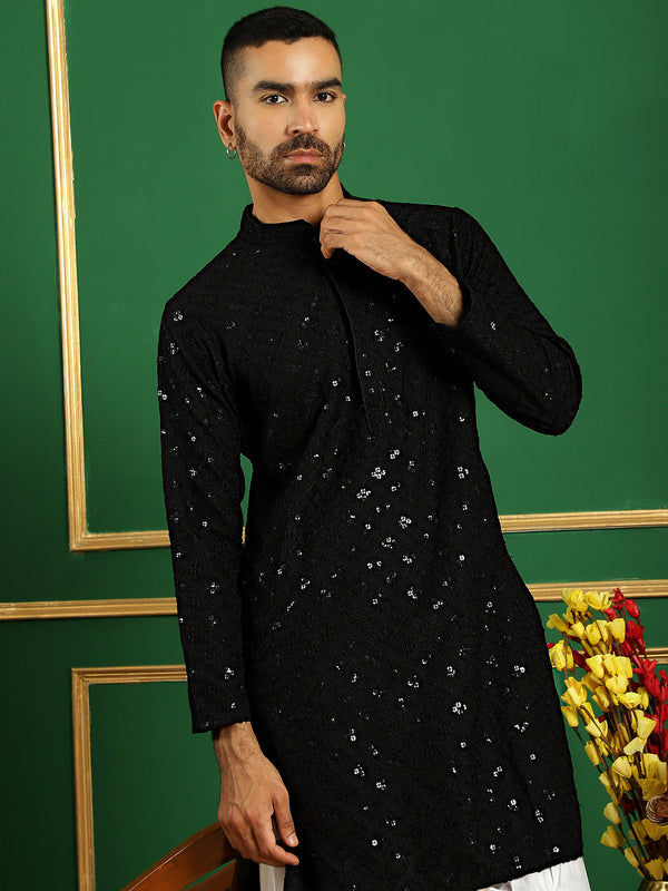 Men's Black Embroidered and Sequence Kurta with Salwar - Taantav