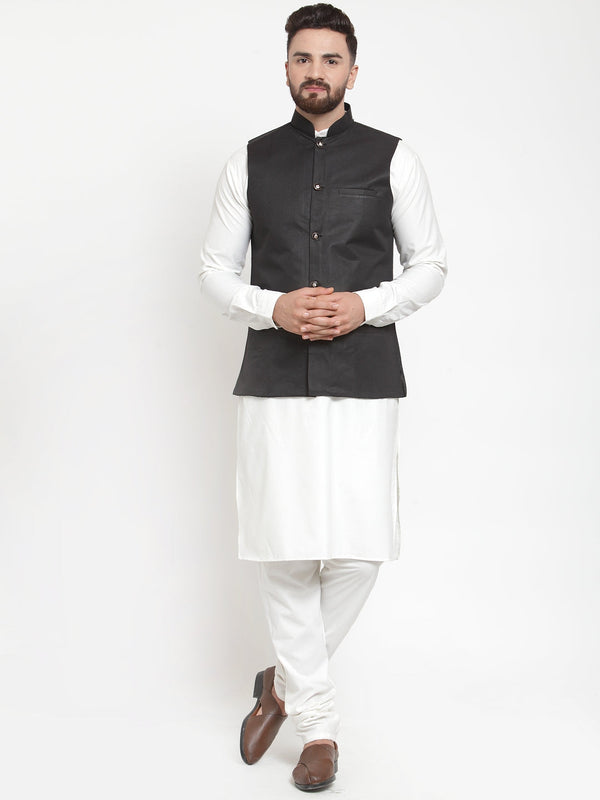 Men's Solid Kurta Pajama with Solid Waistcoat ( JOKP WC 4051Black ) - Virat Fashions