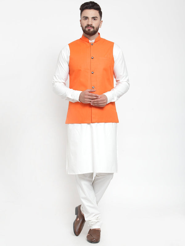 Men's Solid Kurta Pajama with Solid Waistcoat ( JOKP WC 4051Orange ) - Virat Fashions