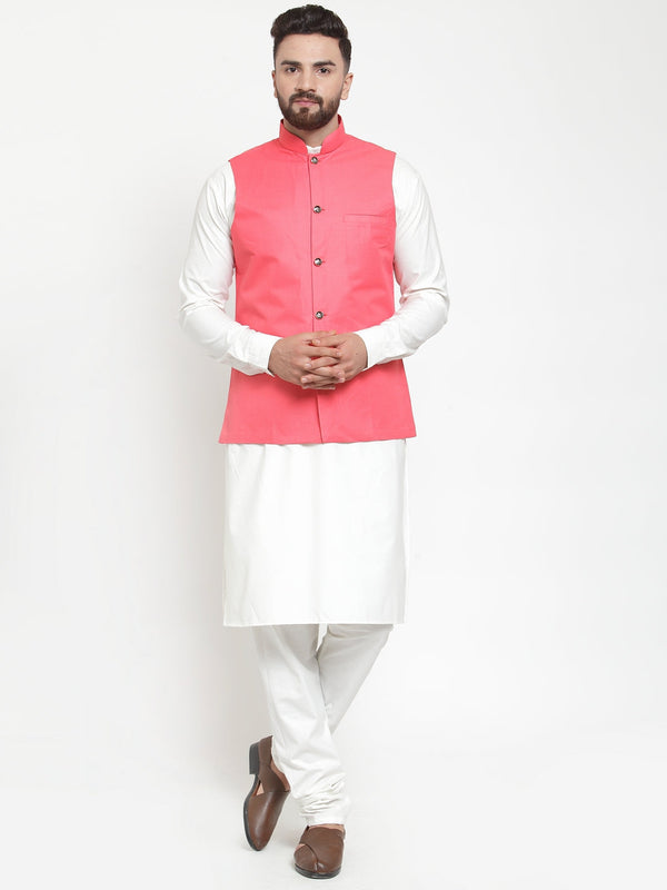 Men's Solid Kurta Pajama with Solid Waistcoat ( JOKP WC 4051Peach ) - Virat Fashions