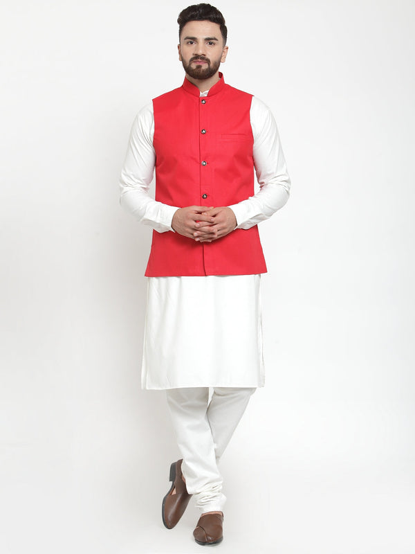 Jashvi Men's Solid Kurta Pajama with Solid Waistcoat