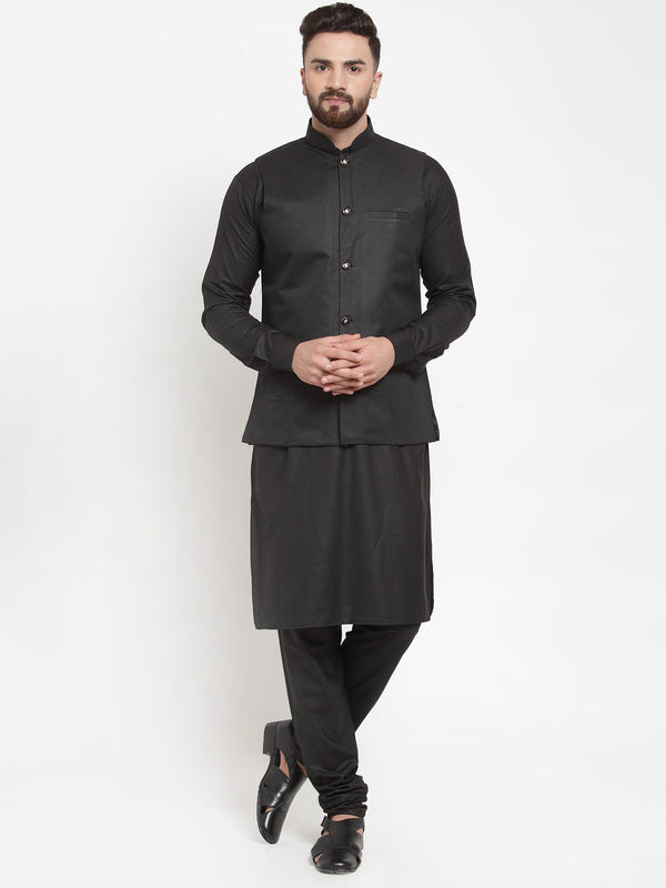 Men's Solid Kurta Pajama with Solid Waistcoat ( JOKP WC 4052Black ) - Virat Fashions