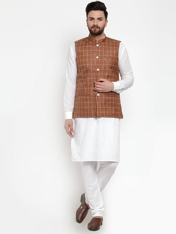 Jashvi Men's Solid Kurta Pajama with Checked Waistcoat