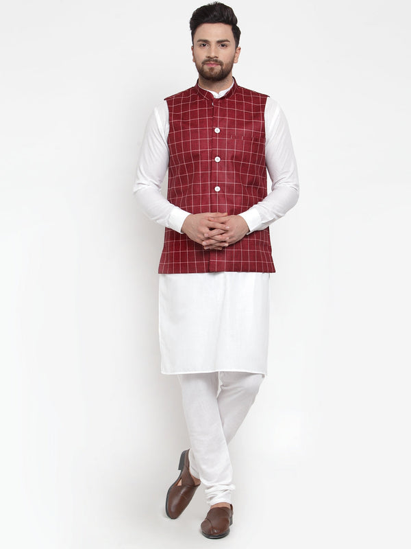 Men's Solid Kurta Pajama with Checked Waistcoat ( JOKP WC 4053 Maroon ) - Virat Fashions