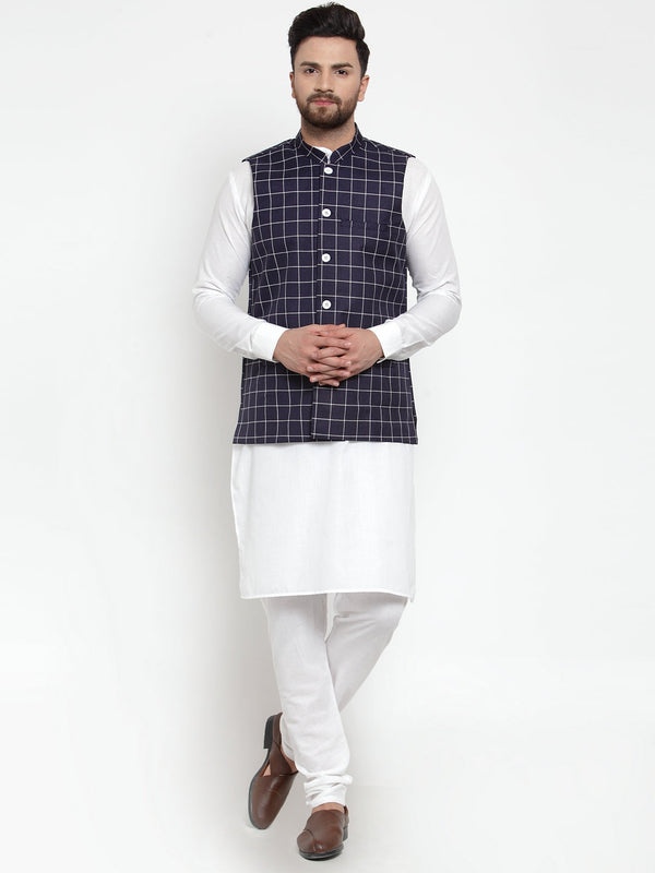 Jashvi Men's Solid Kurta Pajama with Checked Waistcoat