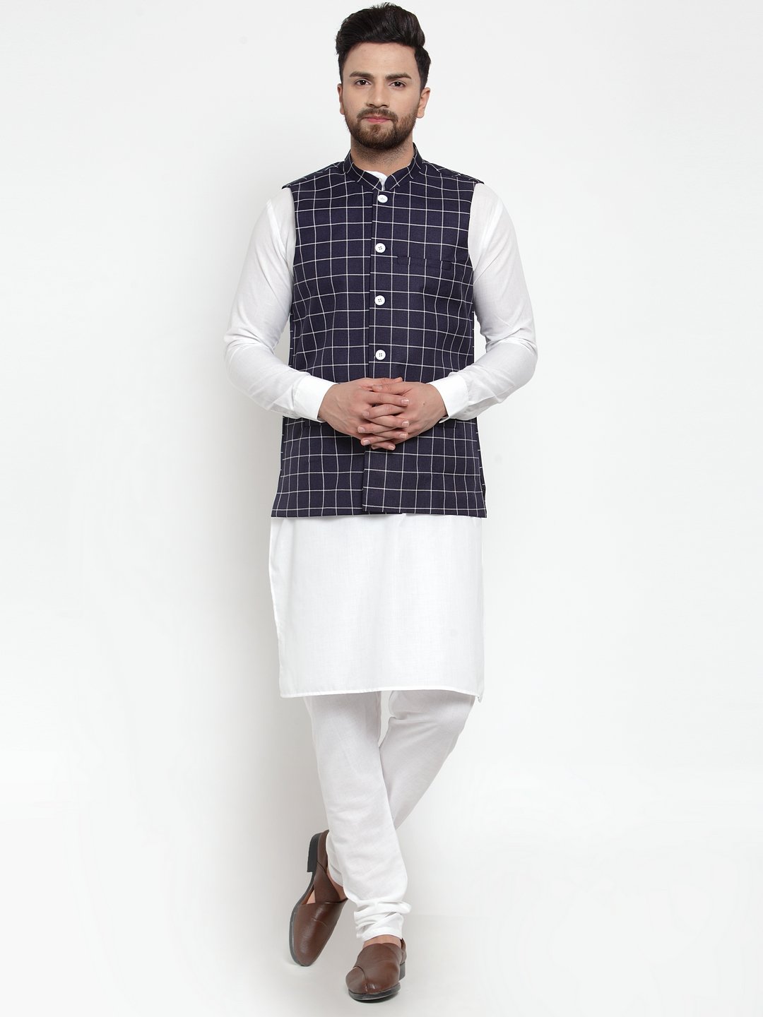 Men's Solid Kurta Checked Waist Coat  with Churidar - Virat Fashions