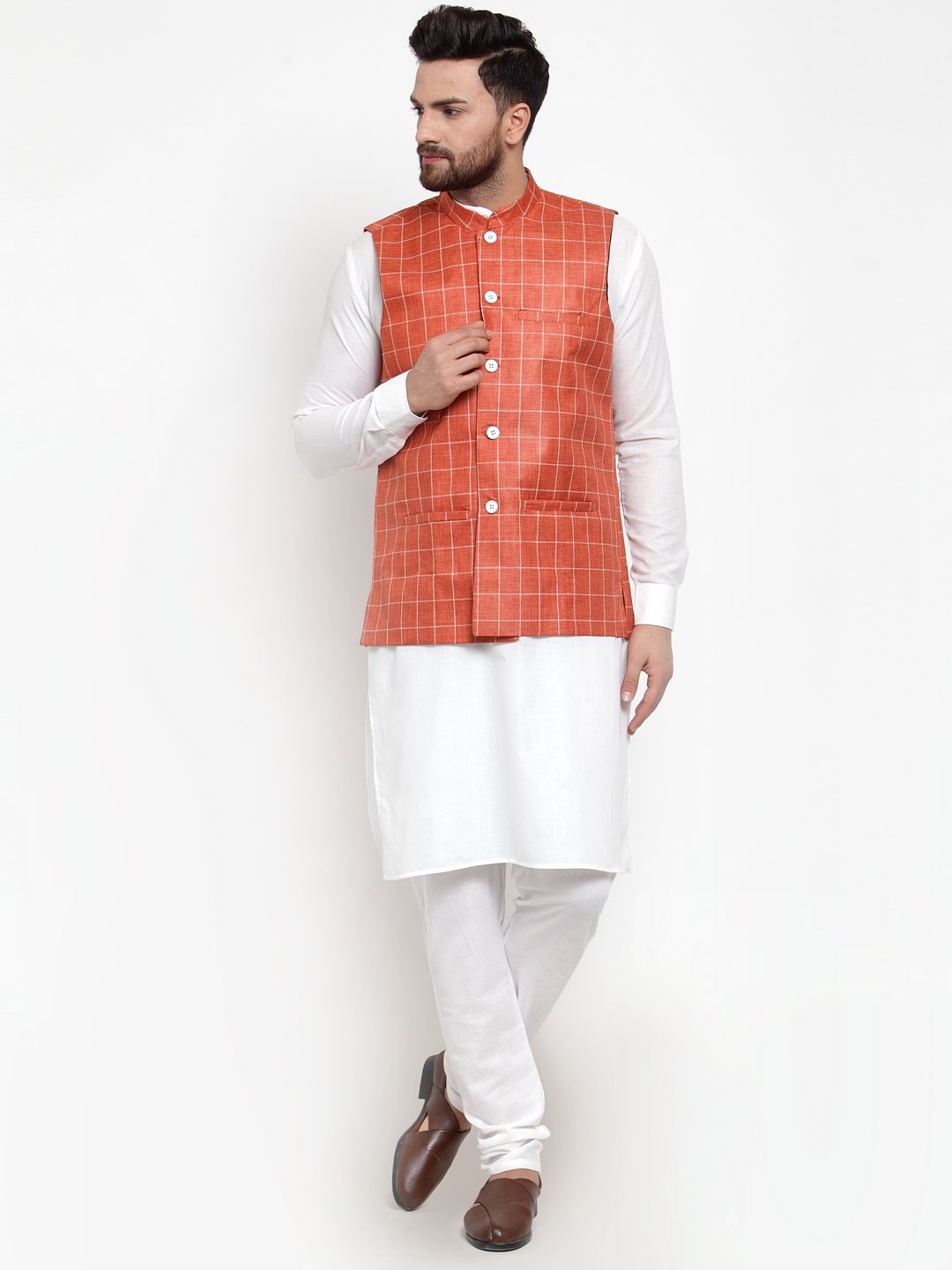 Men's Solid Kurta Checked Waist Coat  with Churidar - Virat Fashions