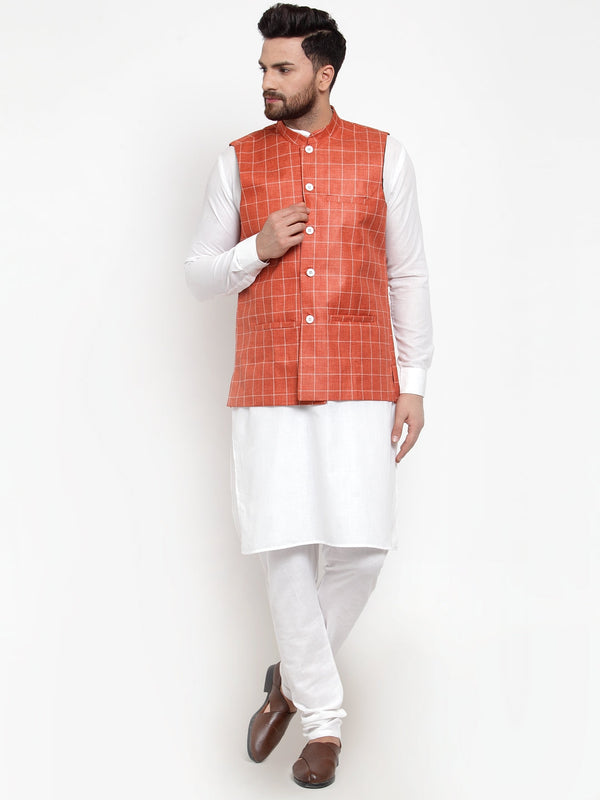 Jashvi Men's Solid Kurta Pajama with Checked Waistcoat