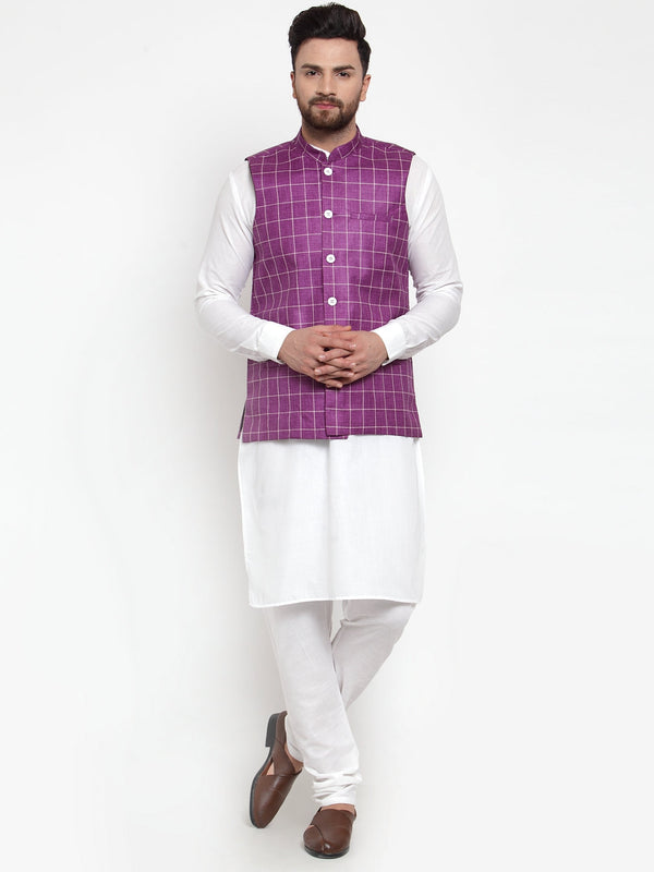 Jashvi Men's Solid Kurta Pajama with Checked Waistcoat