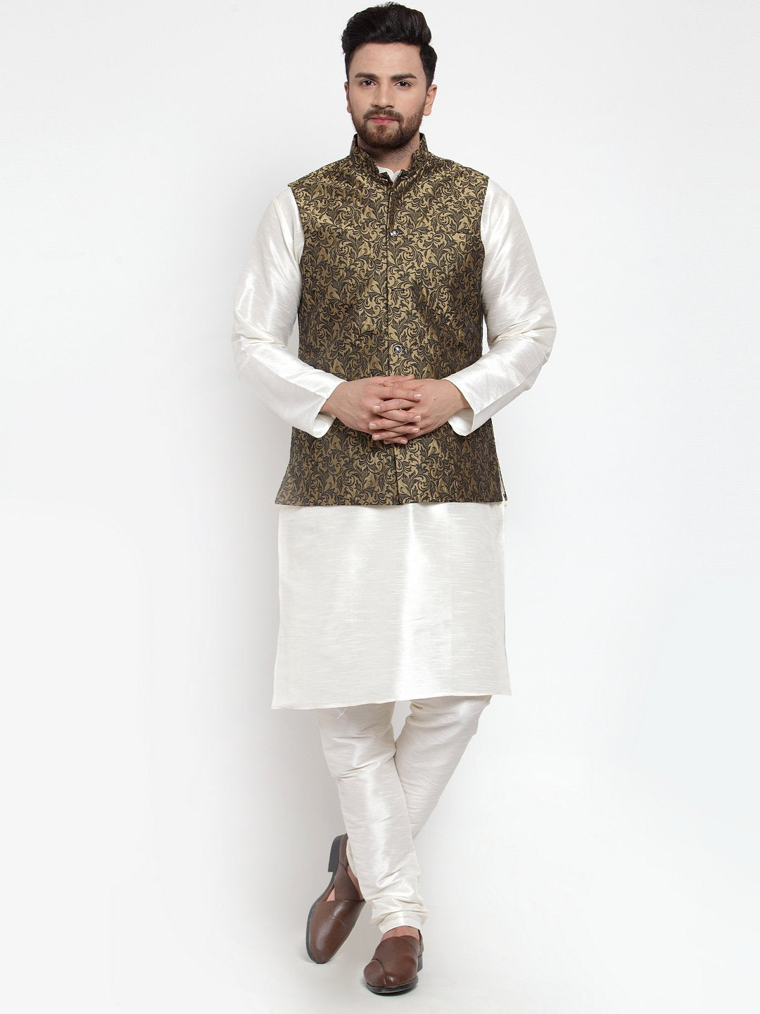 Men's Off White Solid Kurta with Churidar & Jacquard Nehru Jacket by Virat Fashions (3 Pc Set)