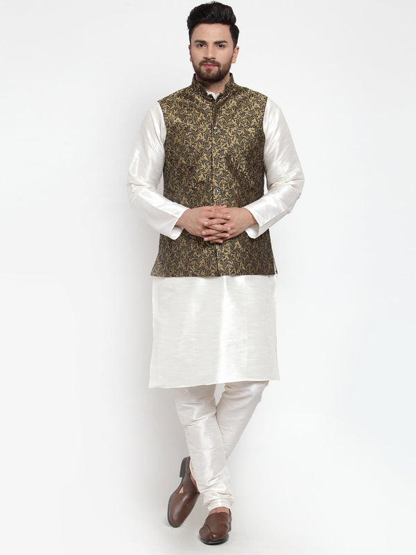 Jashvi Men's Solid Dupion Kurta Pajama with Woven Jacquard Waistcoat