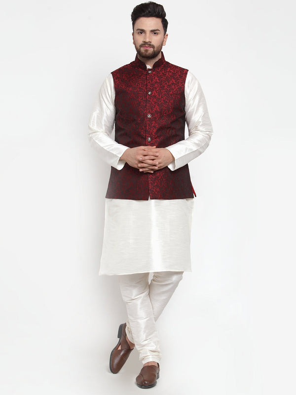 Jashvi Men's Solid Dupion Kurta Pajama with Woven Jacquard Waistcoat