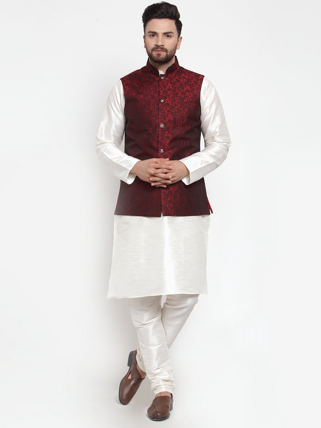 Men's Off White Solid Kurta with Churidar & Jacquard Nehru Jacket by Virat Fashions (3 Pc Set)