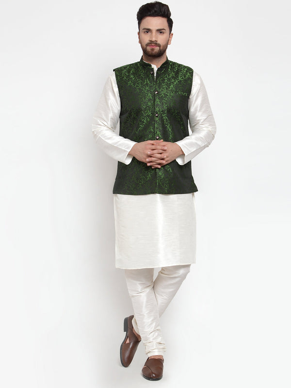 Jashvi Men's Solid Dupion Kurta Pajama with Woven Jacquard Waistcoat