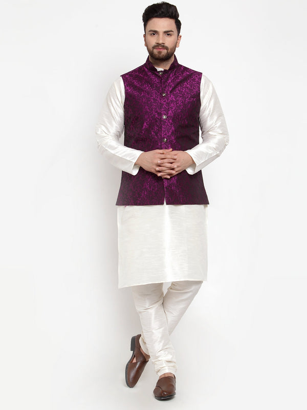 Jashvi Men's Solid Dupion Kurta Pajama with Woven Jacquard Waistcoat