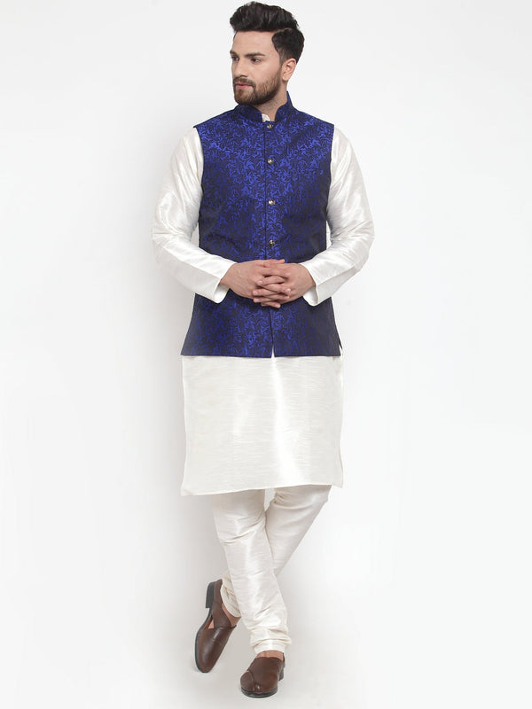 Jashvi Men's Solid Dupion Kurta Pajama with Woven Jacquard Waistcoat