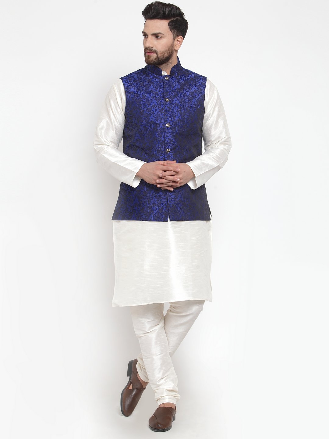 Men's Off White Solid Kurta with Churidar & Jacquard Nehru Jacket by Virat Fashions (3 Pc Set)