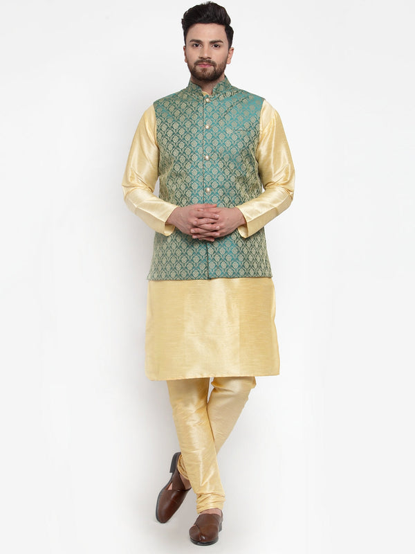 Jashvi Men's Solid Dupion Kurta Pajama with Woven Jacquard Waistcoat