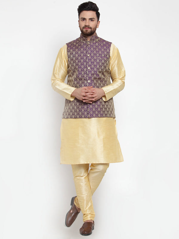 Jashvi Men's Solid Dupion Kurta Pajama with Woven Jacquard Waistcoat