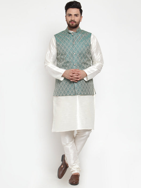 Jashvi Men's Solid Dupion Kurta Pajama with Woven Jacquard Waistcoat