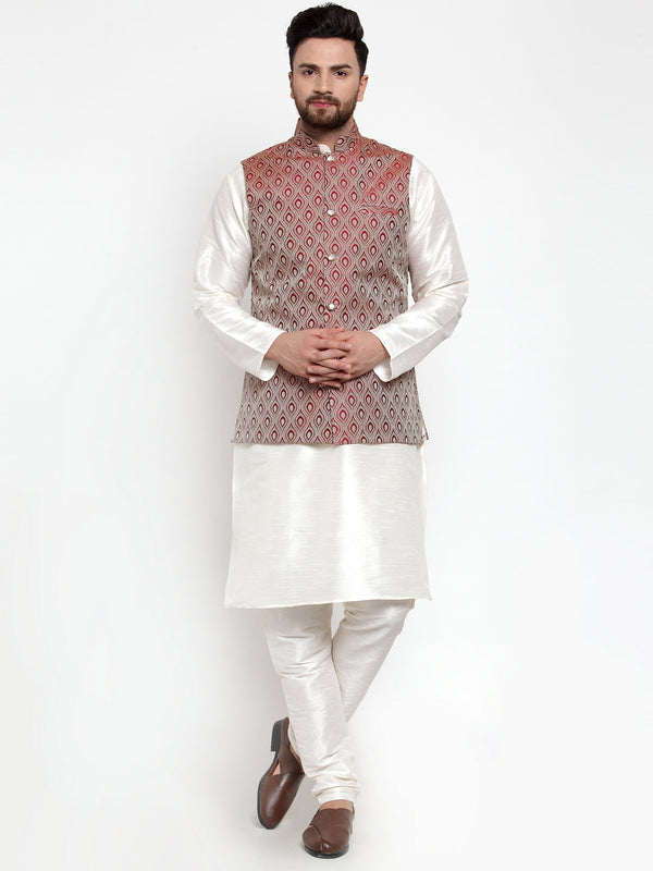 Jashvi Men's Solid Dupion Kurta Pajama with Woven Jacquard Waistcoat