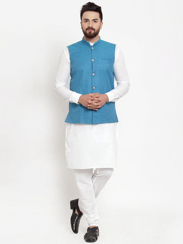 Jashvi Men's Solid Cotton Kurta Pajama with Woven Jacquard Waistcoat