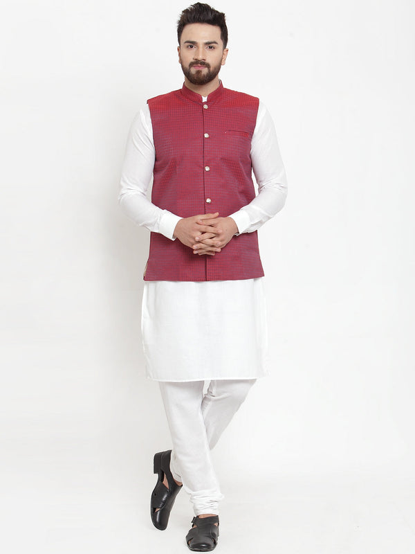 Jashvi Men's Solid Cotton Kurta Pajama with Woven Jacquard Waistcoat