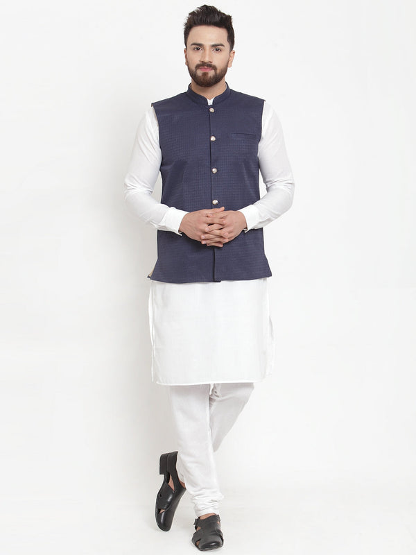 Jashvi Men's Solid Cotton Kurta Pajama with Woven Jacquard Waistcoat