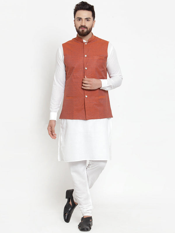 Jashvi Men's Solid Cotton Kurta Pajama with Woven Jacquard Waistcoat