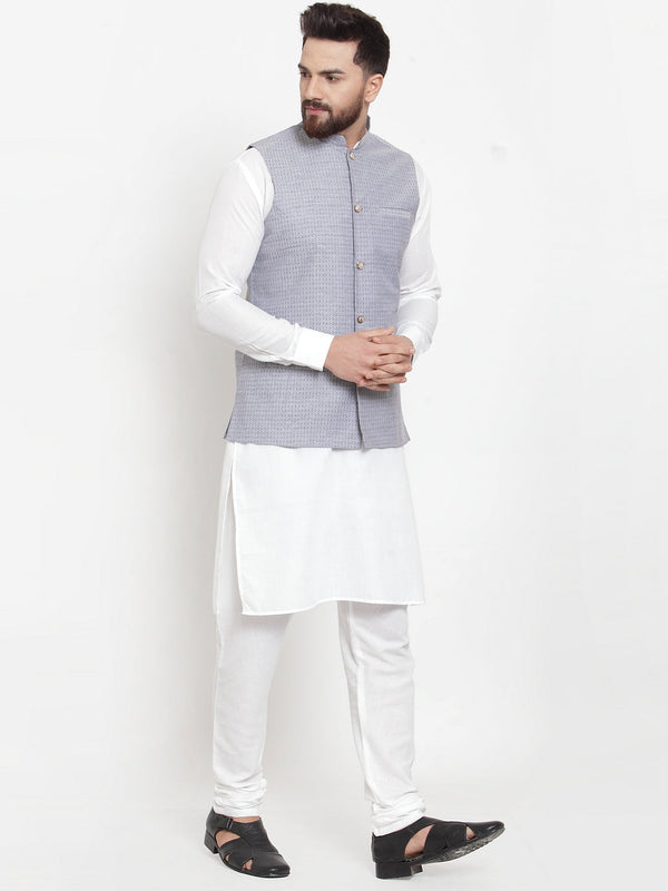 Jashvi Men's Solid Cotton Kurta Pajama with Woven Jacquard Waistcoat