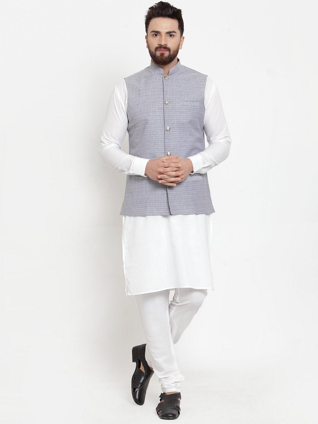 Men's White Solid Kurta & Steel Waist Coat  with Churidar - Virat Fashions