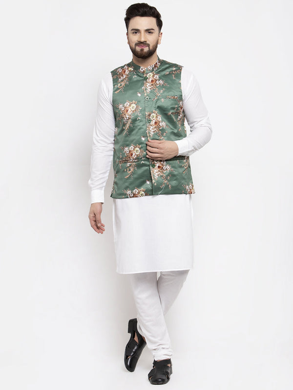 Jashvi Men's Solid Cotton Kurta Pajama with Printed Waistcoat