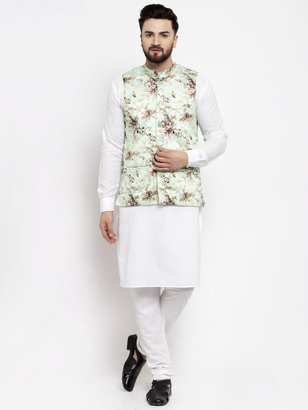 Jashvi Men's Solid Cotton Kurta Pajama with Printed Waistcoat