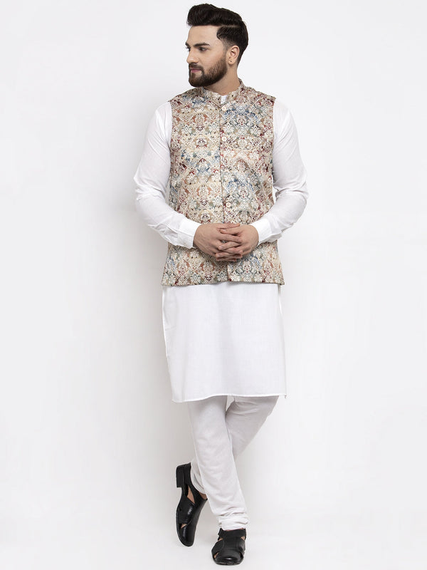 Jashvi Men's Solid Cotton Kurta Pajama with Printed Waistcoat